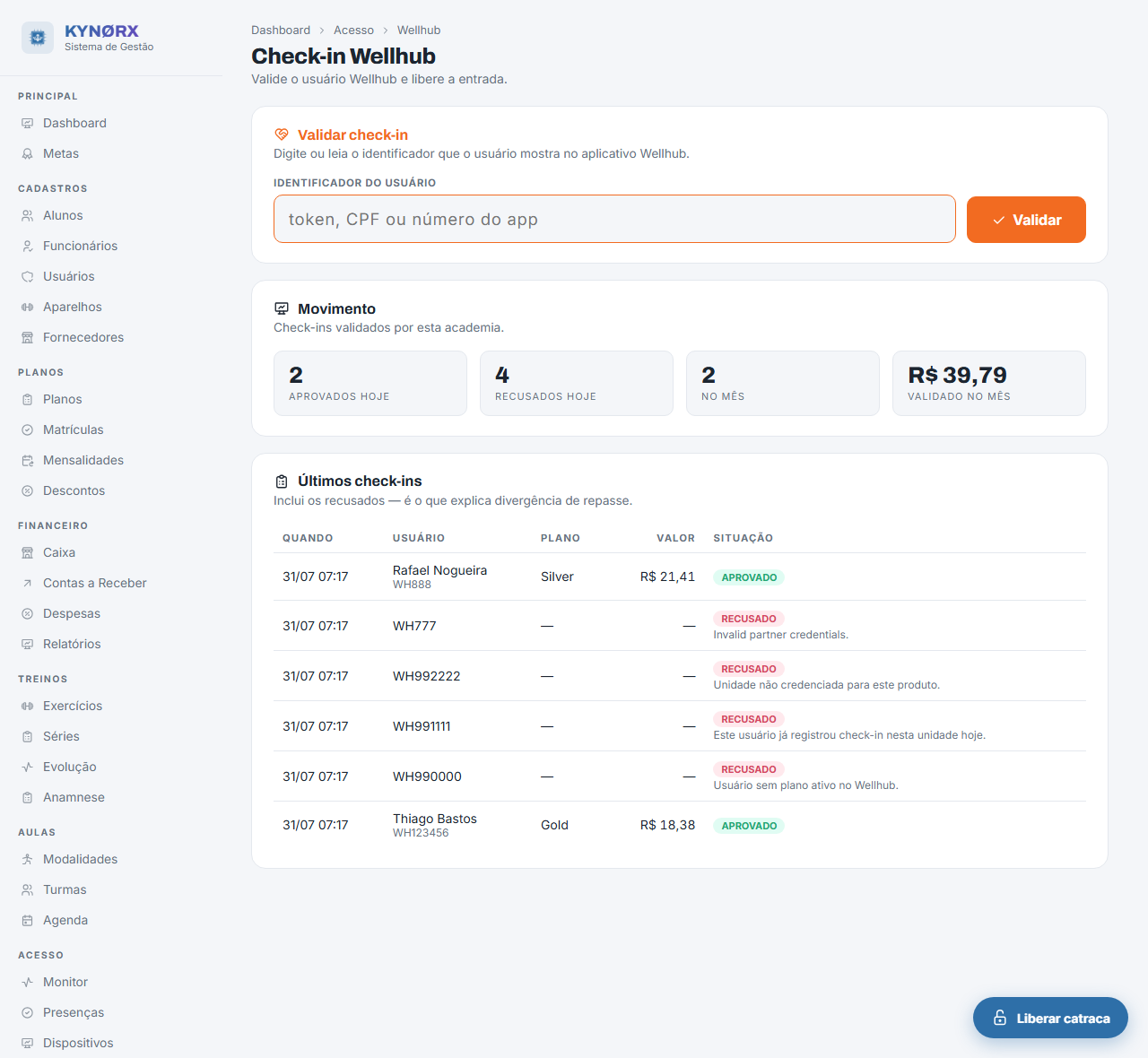 Tela de check-in do Wellhub com histórico